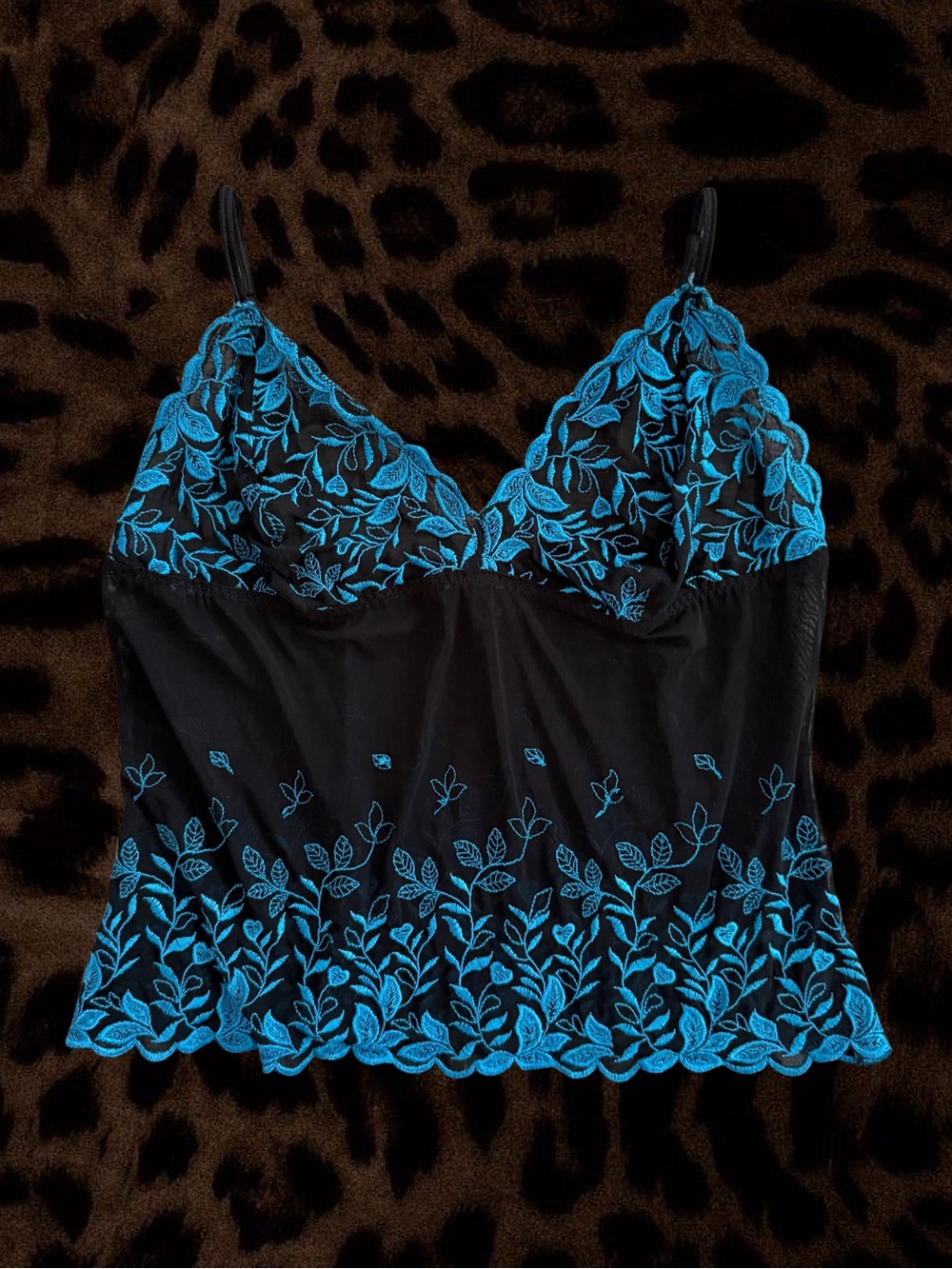Vintage Y2K style Black Camisole with Bright Blue Floral Embroidery